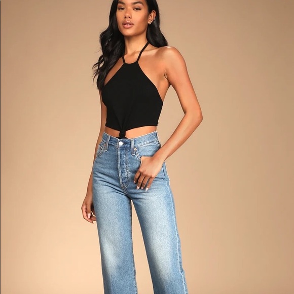 Lulus Tops - Black Ribbed Knot-Front Halter Bodysuit